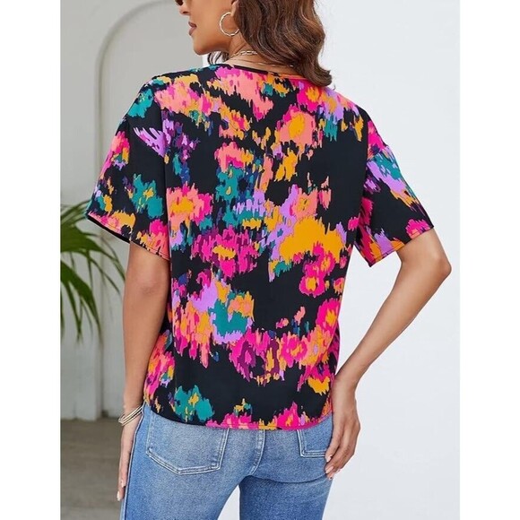 🎭🧵NEW Women's Top Size S Abstract Print V Neck Short Sleeve Tie Front Shirt - Picture 5 of 6